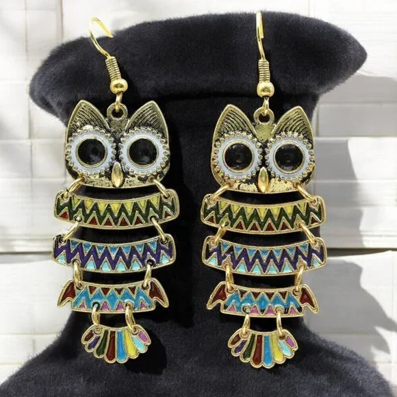Bohemian Owl Drop Earrings | Colorful Enamel - Picture 3 of 5